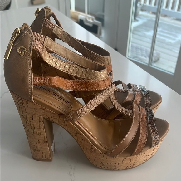 Carmen Steffens Brazilian Tan and Brown Chunky Heeled Sandals with Cork Material